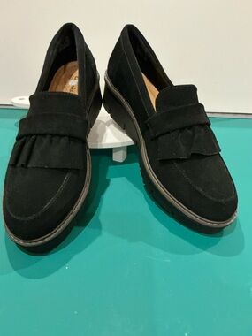 Clarks Black Suede Ruffle Penny Loafers